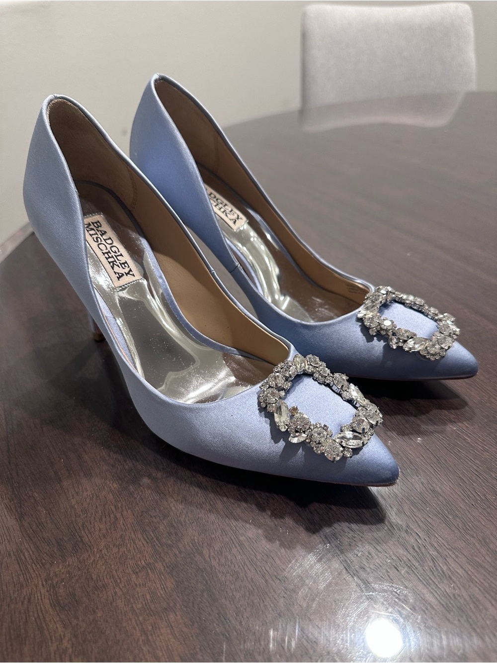 Badgley Mischka Powder Blue Satin Crystal Buckle Pumps